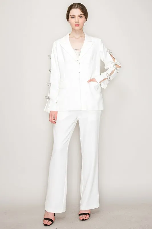 AS SEEN ON ASHLEE NICHOLS!! Rhinestone Bow Cut Out Blazer in White sold by Glitzy Bella product image thumbnail 4