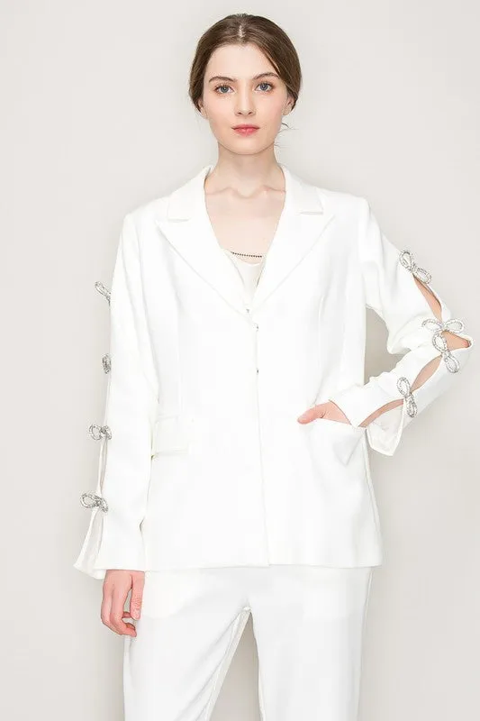 AS SEEN ON ASHLEE NICHOLS!! Rhinestone Bow Cut Out Blazer in White sold by Glitzy Bella product image thumbnail 2
