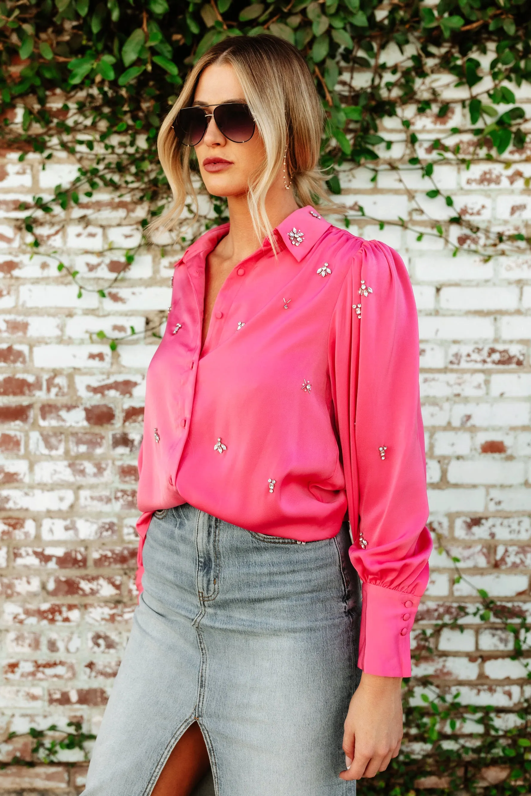 NEW!! Date Night Rhinestone Satin Top in Pink sold by Glitzy Bella product image thumbnail 4