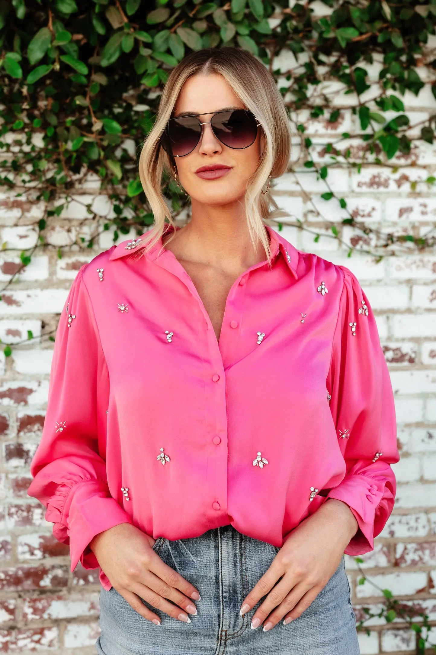 NEW!! Date Night Rhinestone Satin Top in Pink sold by Glitzy Bella