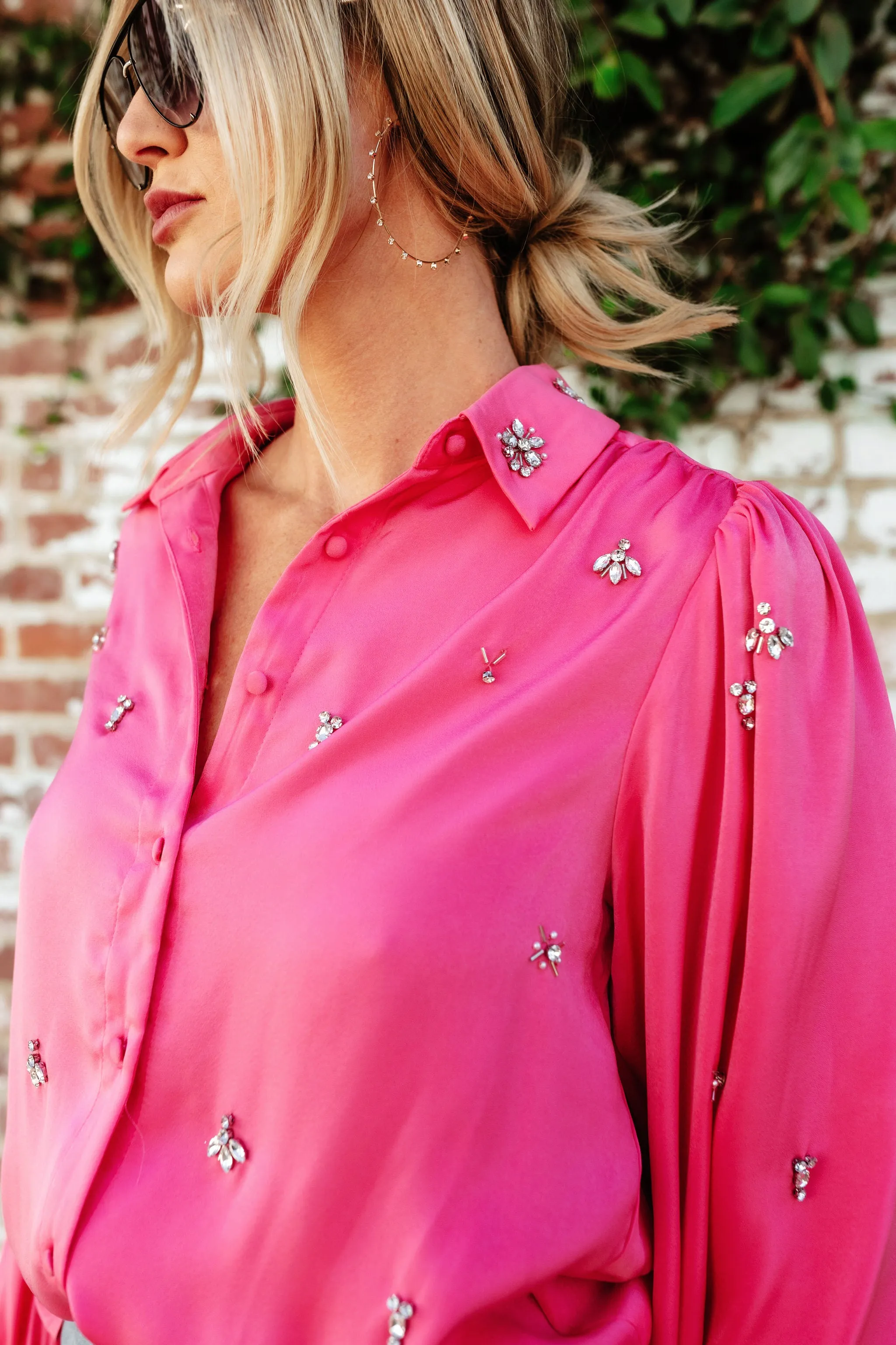 NEW!! Date Night Rhinestone Satin Top in Pink sold by Glitzy Bella product image thumbnail 2
