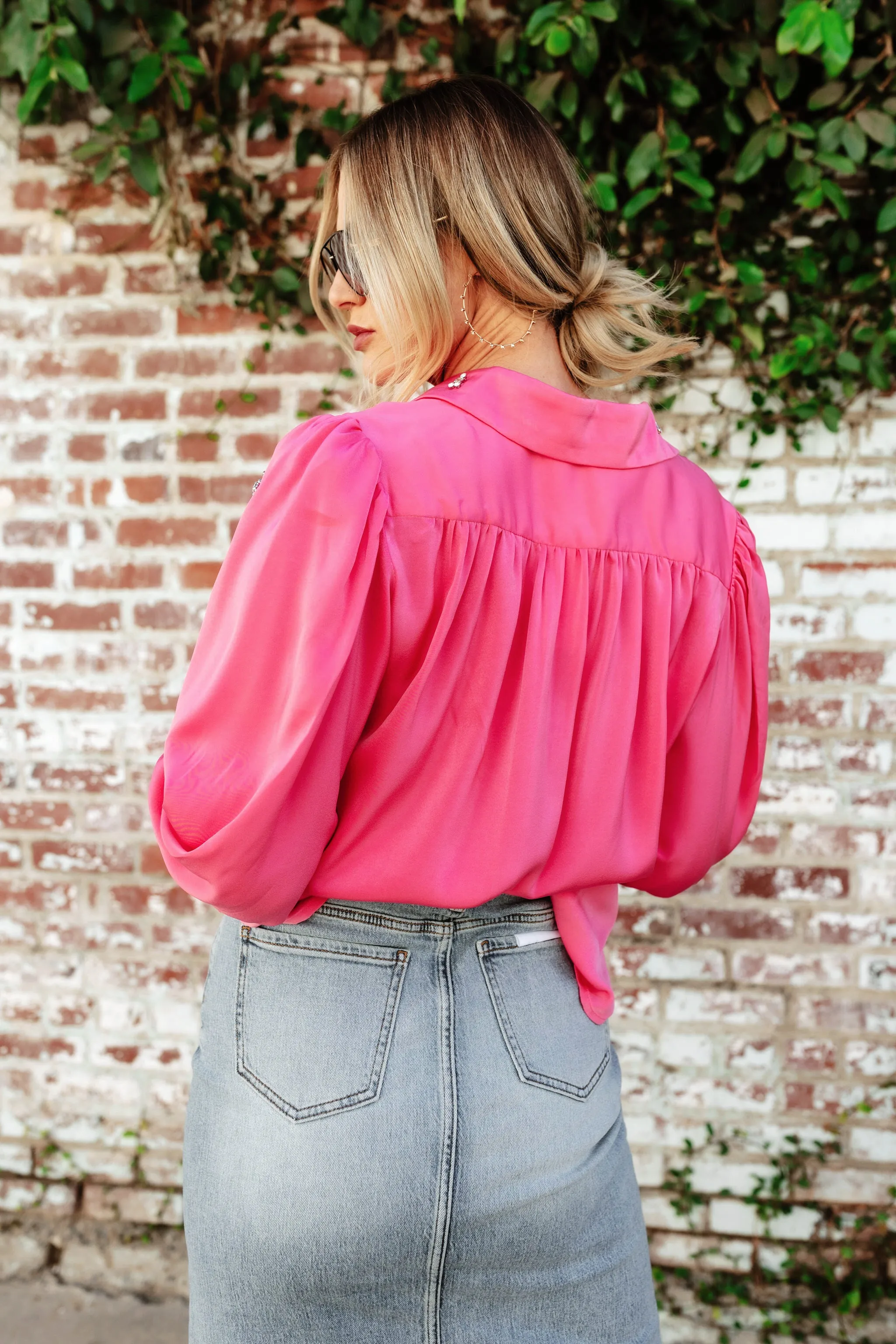 NEW!! Date Night Rhinestone Satin Top in Pink sold by Glitzy Bella product image thumbnail 3