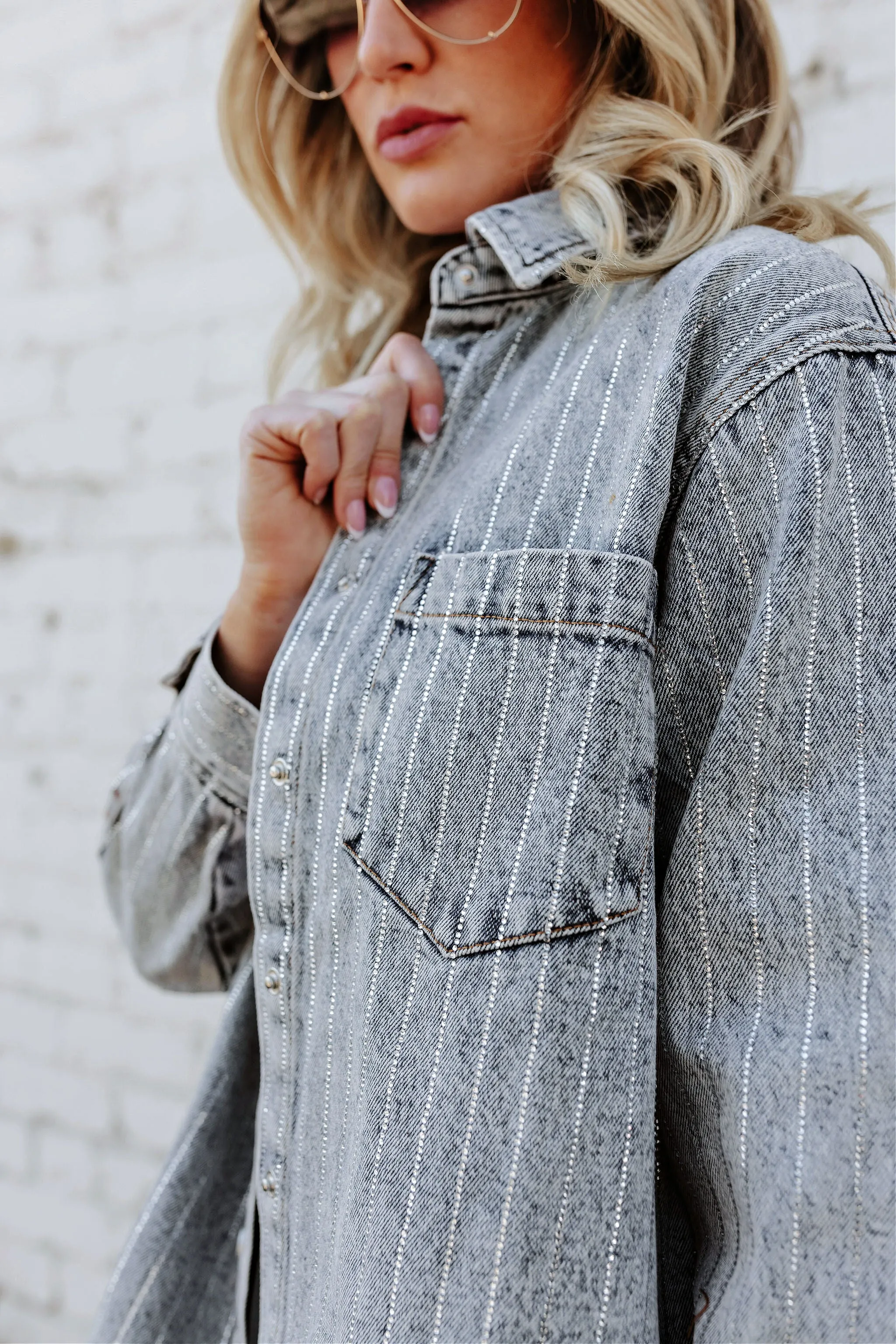 BEST SELLER!! Crystal Striped Denim Shacket in Blue Denim sold by Glitzy Bella product image thumbnail 5