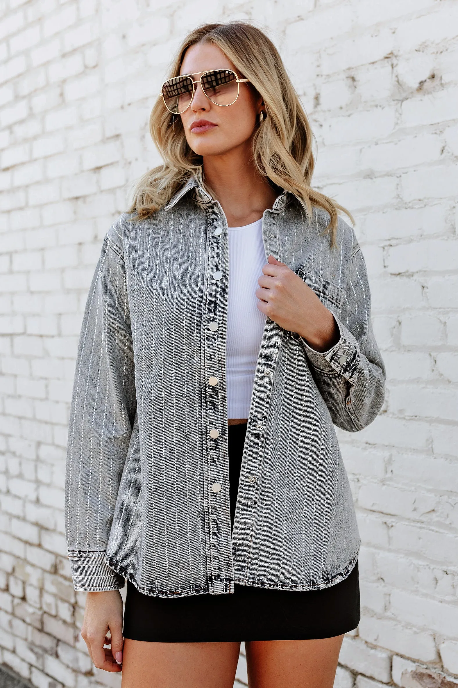 BEST SELLER!! Crystal Striped Denim Shacket in Blue Denim sold by Glitzy Bella product image thumbnail 2