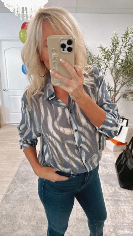 NEW!! Chic Rhinestone Button Down Top in Blue sold by Glitzy Bella