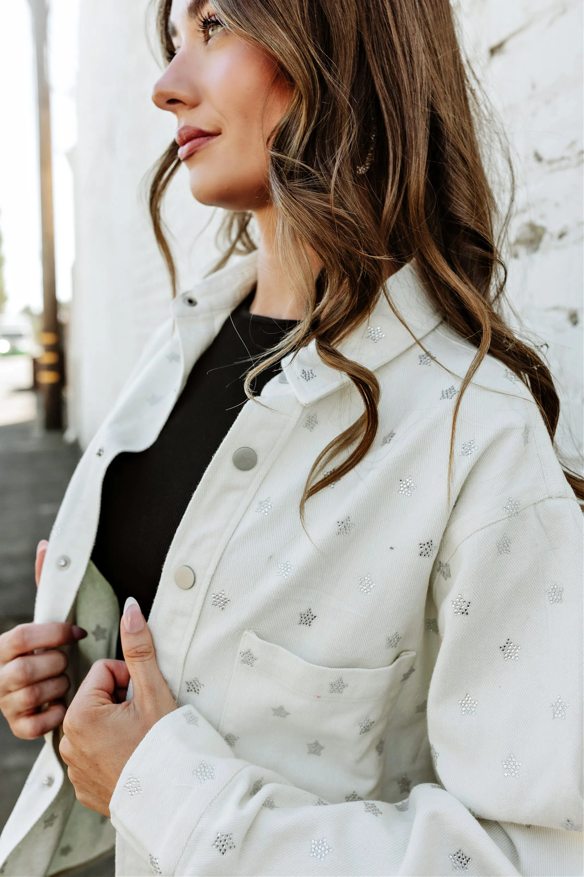 FINAL SALE! Crystal Star Denim Shacket in Off White sold by Glitzy Bella product image thumbnail 2