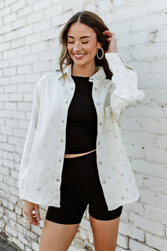 FINAL SALE! Crystal Star Denim Shacket in Off White sold by Glitzy Bella