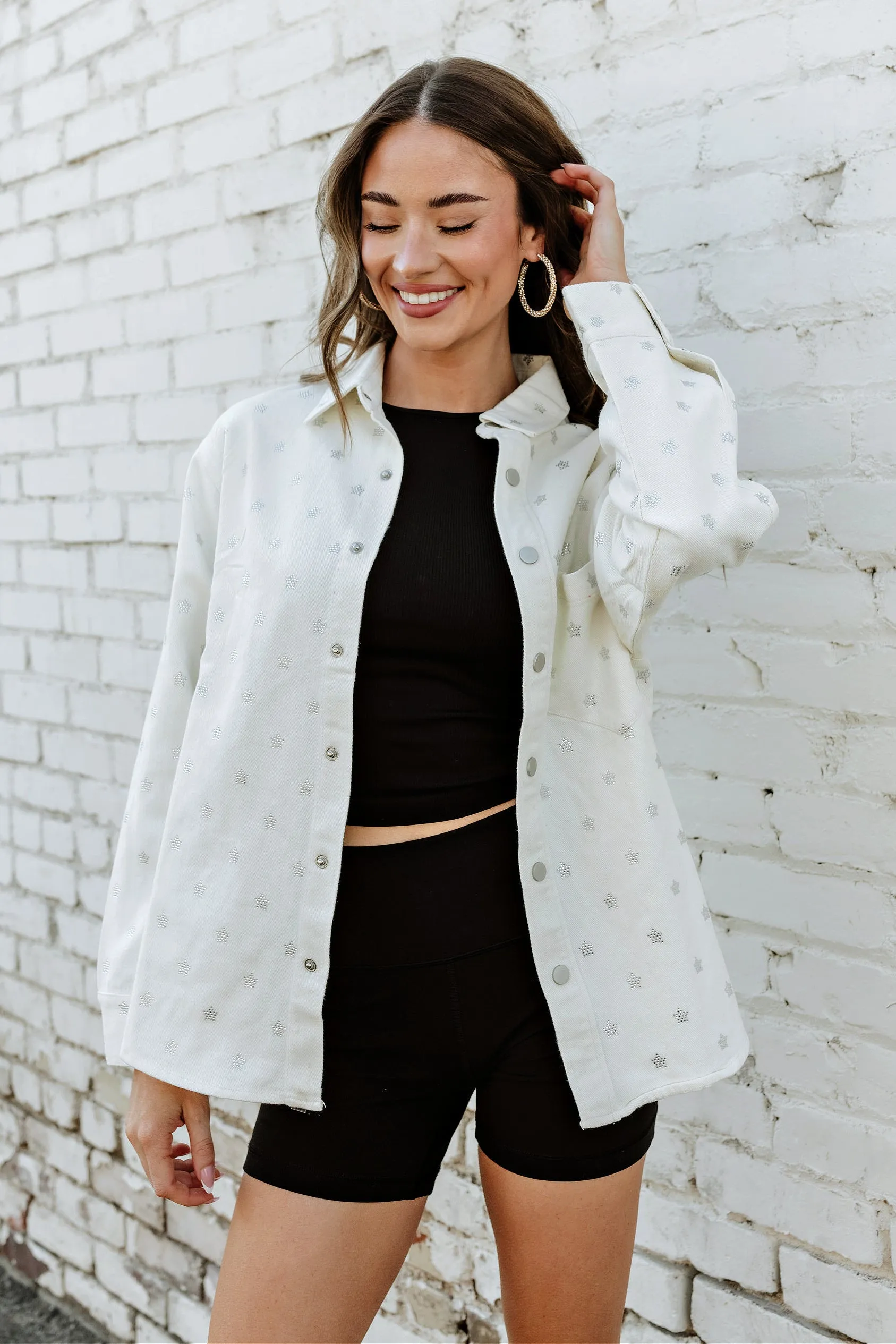 FINAL SALE! Crystal Star Denim Shacket in Off White sold by Glitzy Bella