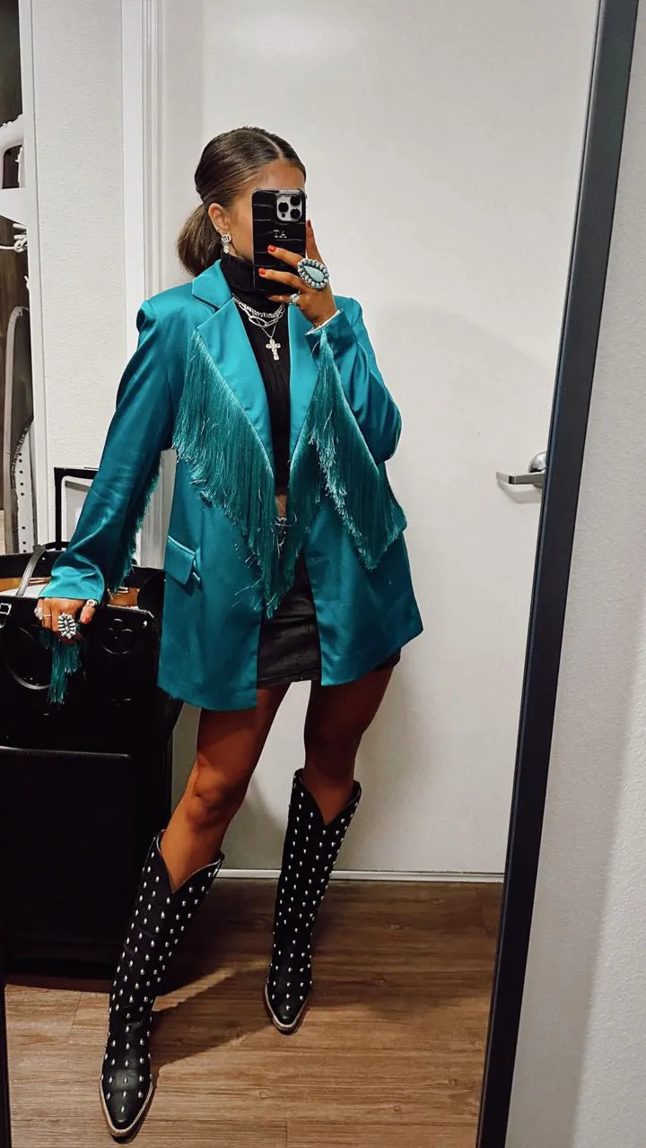 NEW!! Turquoise Fringe Satin Blazer sold by Glitzy Bella product image thumbnail 2