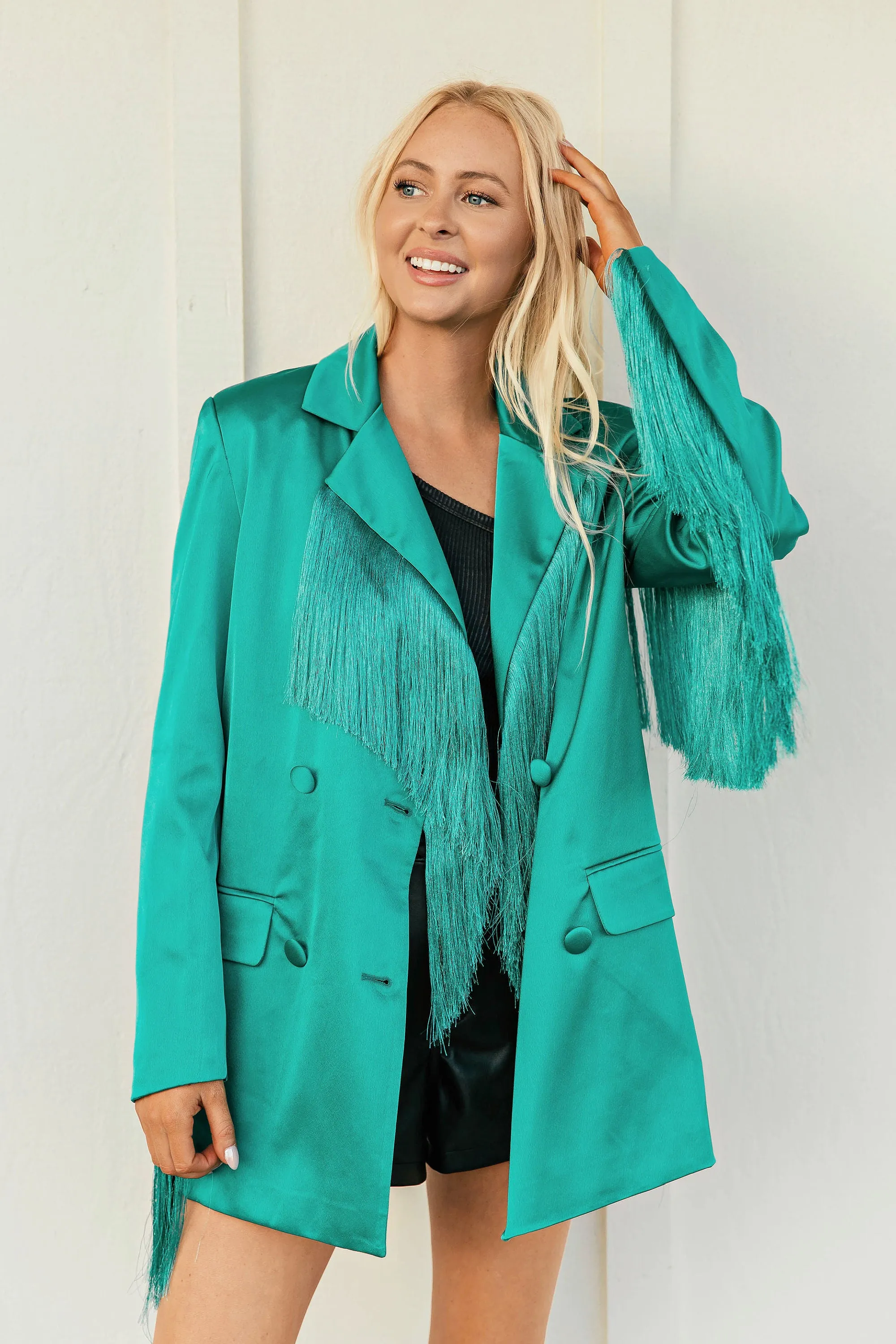 NEW!! Turquoise Fringe Satin Blazer sold by Glitzy Bella product image thumbnail 3
