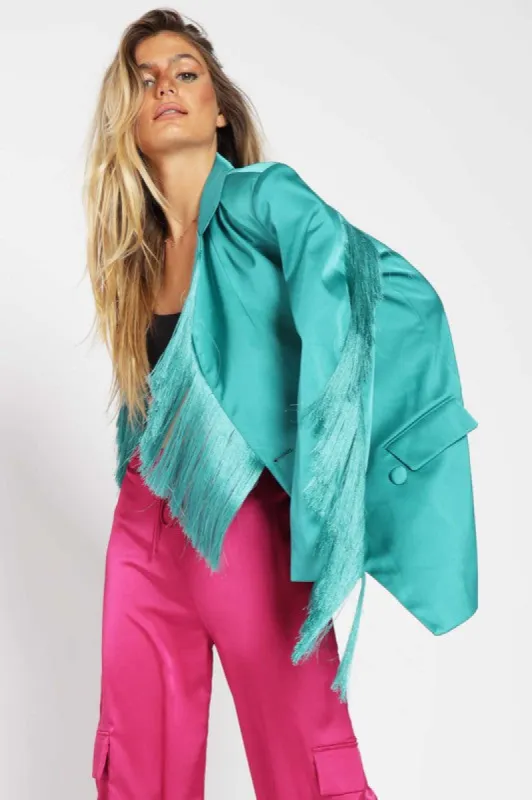 NEW!! Turquoise Fringe Satin Blazer sold by Glitzy Bella