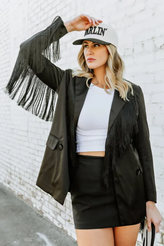 FINAL SALE!! Black Fringe Satin Blazer sold by Glitzy Bella