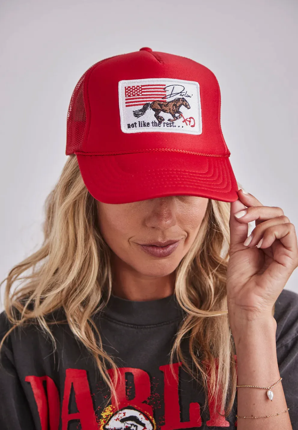 NEW!! DARLIN Red Trucker Hat sold by Glitzy Bella