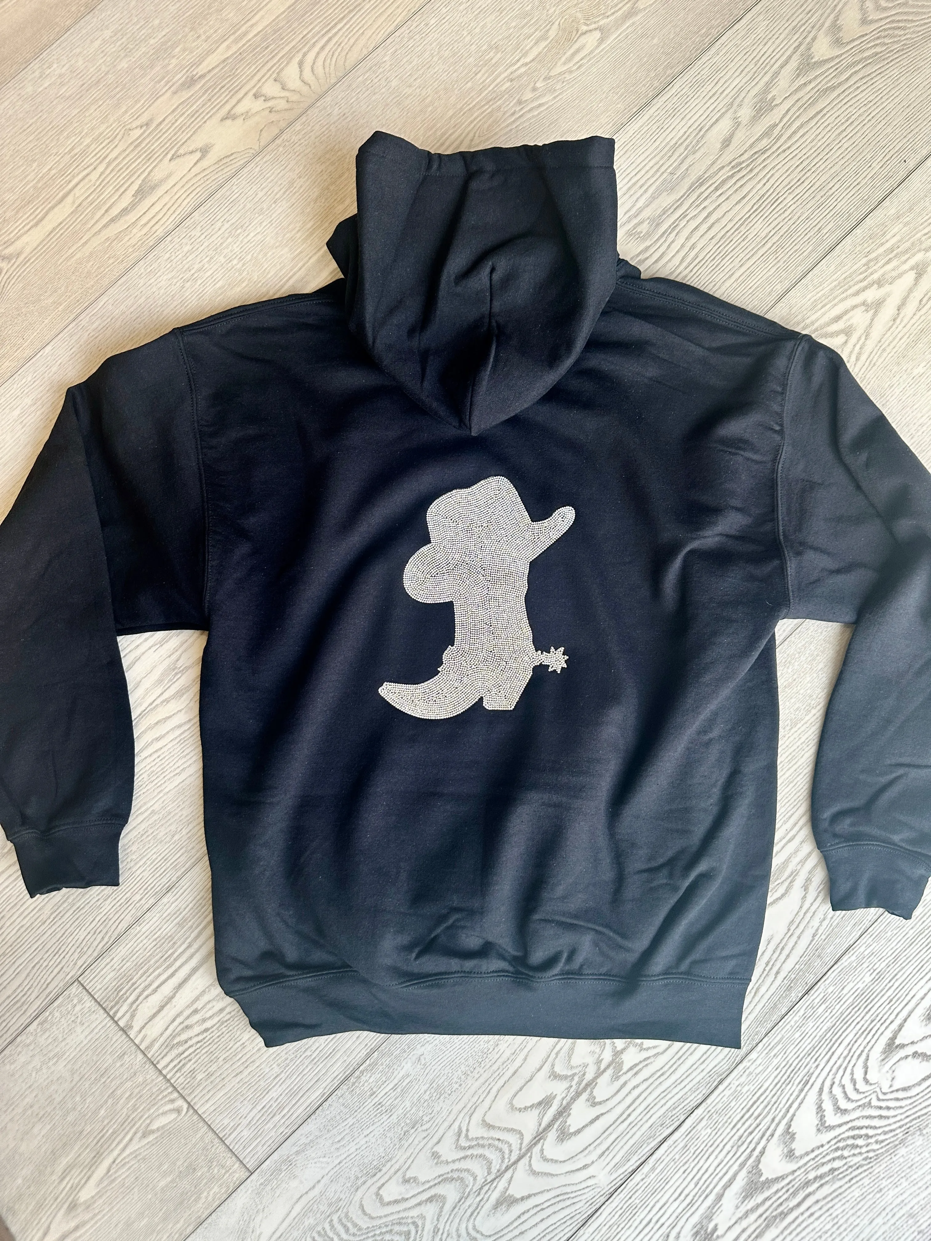 NEW!! Crystal Drawstring Sweatshirt w/ Boot in Black sold by Glitzy Bella