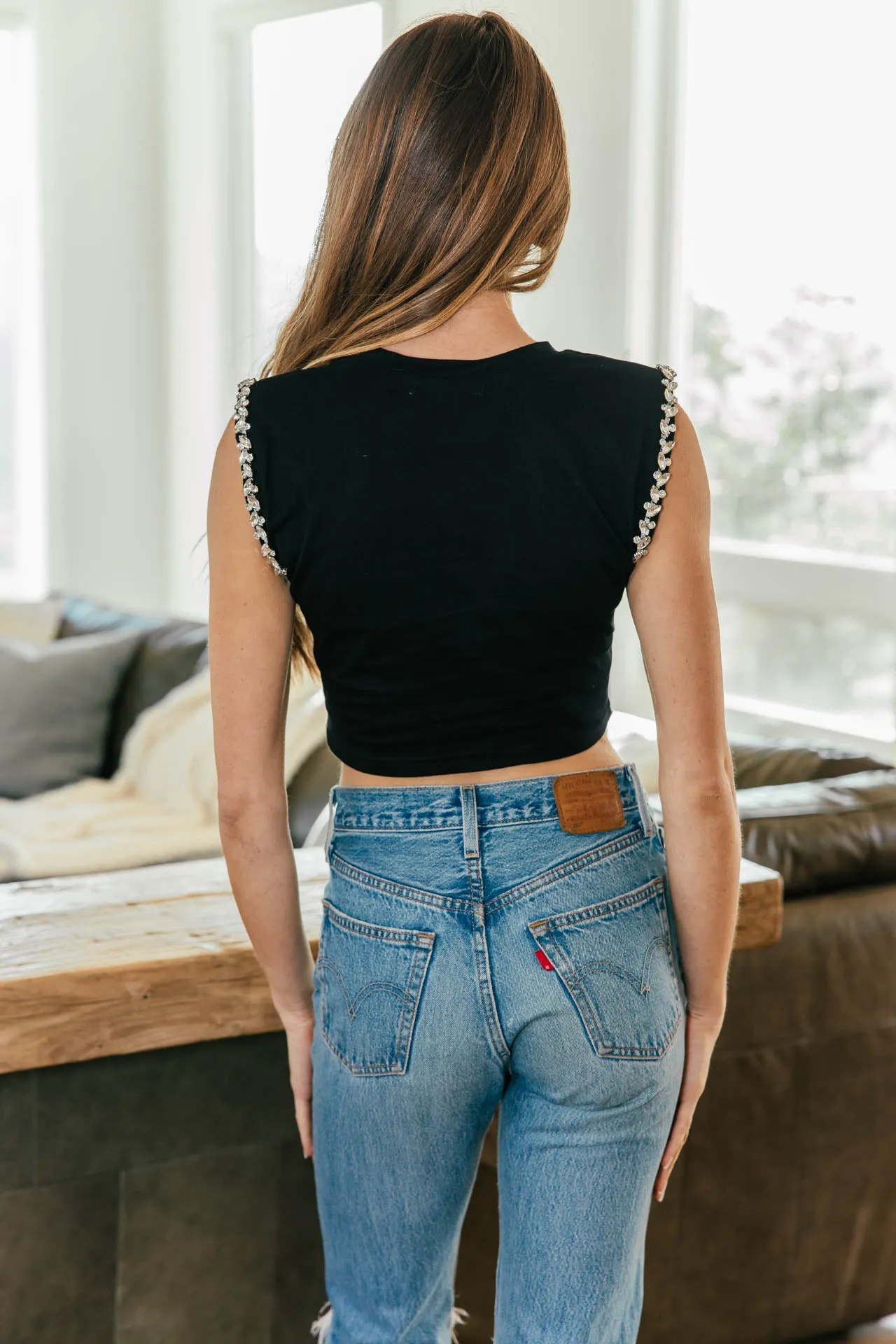 Sparkle On Rhinestone Cropped Muscle Tee in Black sold by Glitzy Bella product image thumbnail 4
