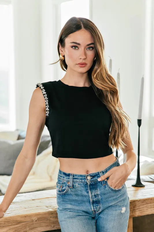 Sparkle On Rhinestone Cropped Muscle Tee in Black sold by Glitzy Bella