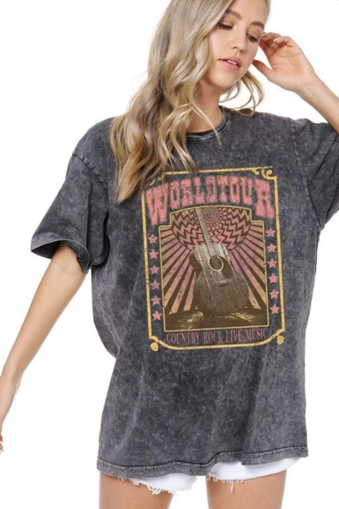 FINAL SALE!! World Tour Graphic Tee in Charcoal sold by Glitzy Bella