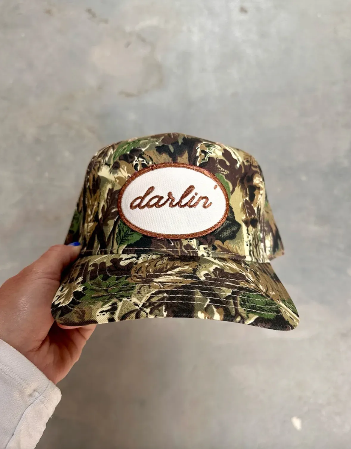NEW!! DARLIN Patch Trucker Hat in Camo sold by Glitzy Bella