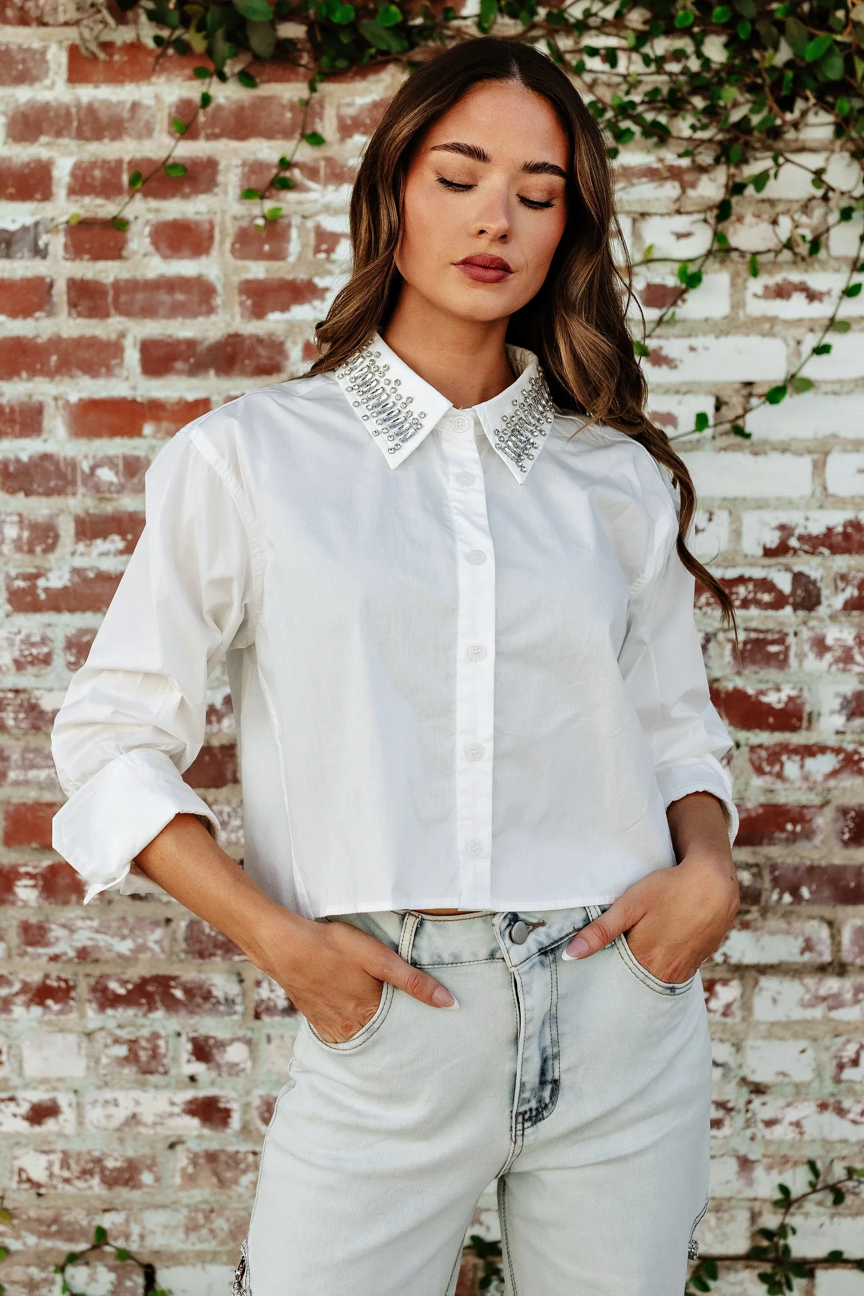 FINAL SALE!! Poplin Rhinestone Cuffed Shirt sold by Glitzy Bella product image thumbnail 2