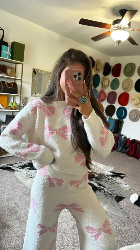 FINAL SALE! Bow Pajama Lounge Set in Off White sold by Glitzy Bella