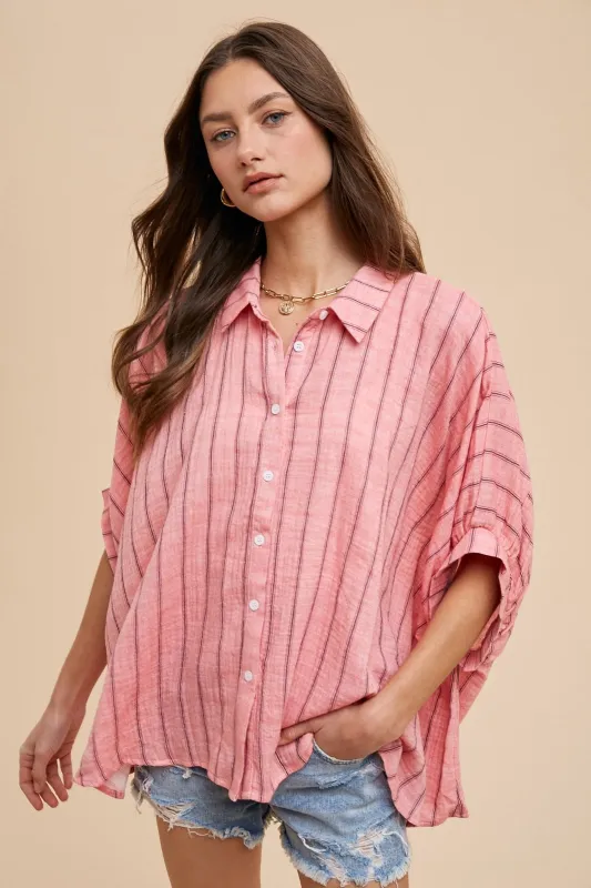 BEST SELLER!! Jordan Striped Button Down Top in Melon sold by Glitzy Bella