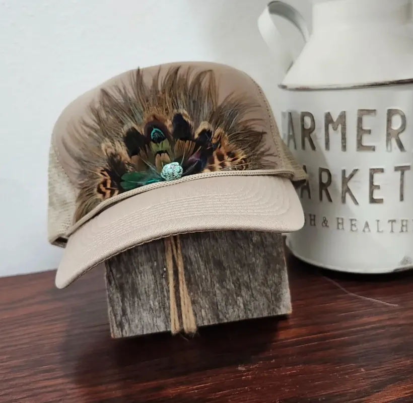 NEW!! Feather Trucker Hat in Tan sold by Glitzy Bella