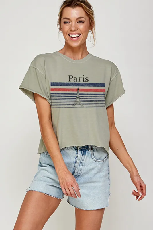 FINAL SALE!! "Paris" Cropped Graphic Tee in Olive sold by Glitzy Bella
