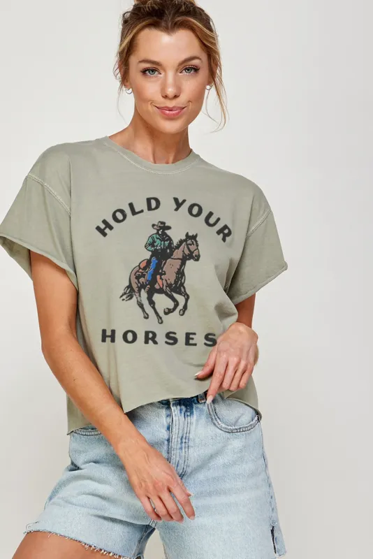 FINAL SALE!! "Hold Your Horses" Cropped Graphic Tee sold by Glitzy Bella