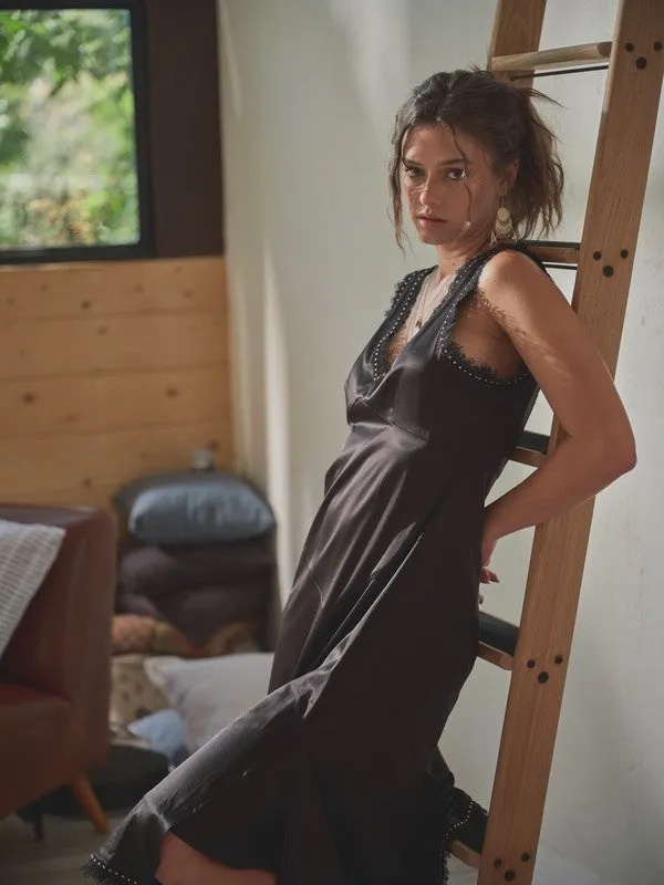 FINAL SALE!! "Callie" Satin Lace Studded Dress in Black sold by Glitzy Bella product image thumbnail 5