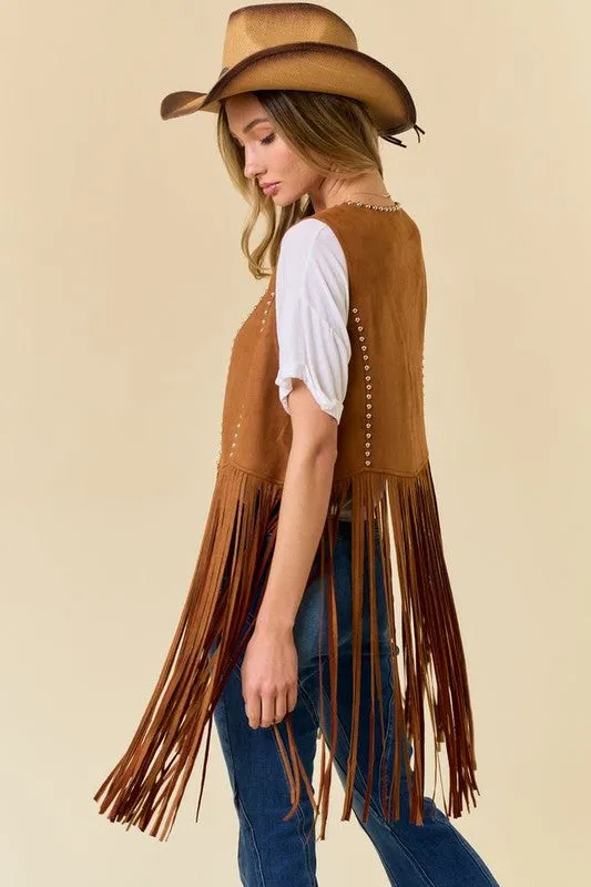NEW!! "Shania" Studded Suede Fringe Vest Shawl in Camel sold by Glitzy Bella product image thumbnail 5