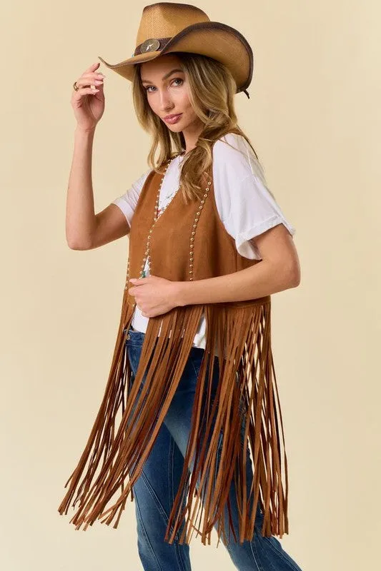 NEW!! "Shania" Studded Suede Fringe Vest Shawl in Camel sold by Glitzy Bella product image thumbnail 4