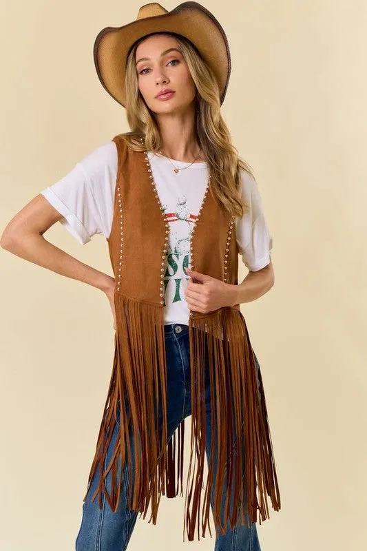 NEW!! "Shania" Studded Suede Fringe Vest Shawl in Camel sold by Glitzy Bella