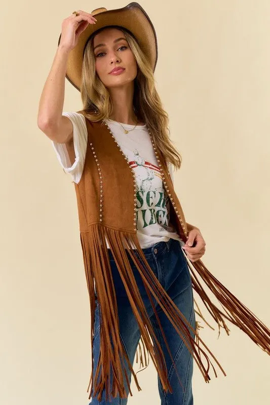 NEW!! "Shania" Studded Suede Fringe Vest Shawl in Camel sold by Glitzy Bella product image thumbnail 3