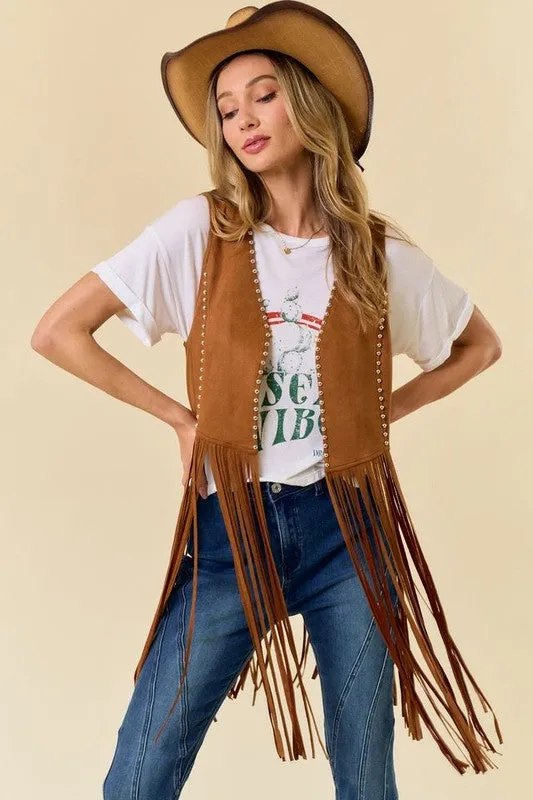 NEW!! "Shania" Studded Suede Fringe Vest Shawl in Camel sold by Glitzy Bella product image thumbnail 2