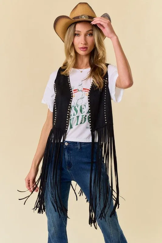 NEW!! "Shania" Studded Suede Fringe Vest Shawl in Black sold by Glitzy Bella