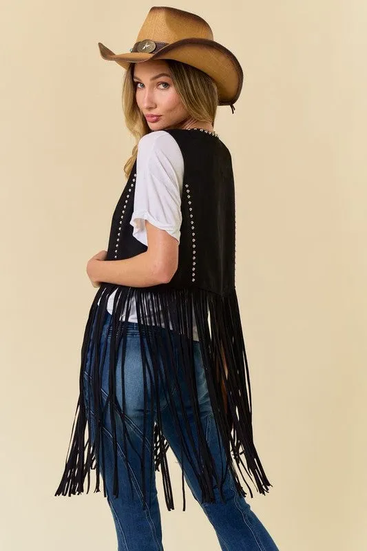 NEW!! "Shania" Studded Suede Fringe Vest Shawl in Black sold by Glitzy Bella product image thumbnail 2