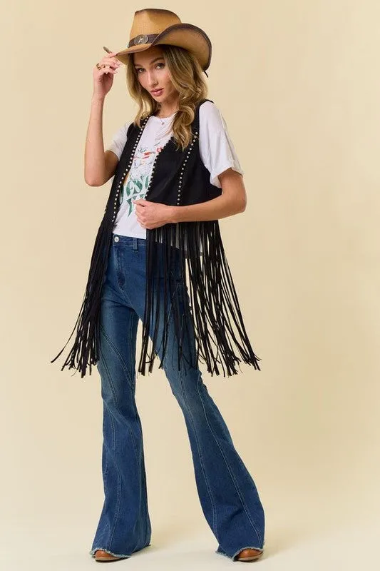 NEW!! "Shania" Studded Suede Fringe Vest Shawl in Black sold by Glitzy Bella product image thumbnail 3