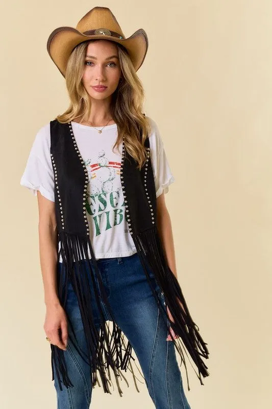 NEW!! "Shania" Studded Suede Fringe Vest Shawl in Black sold by Glitzy Bella product image thumbnail 4