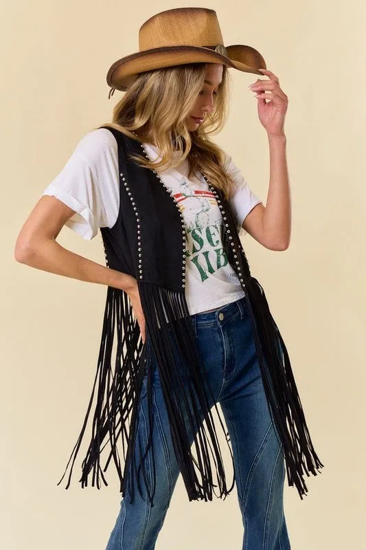 NEW!! "Shania" Studded Suede Fringe Vest Shawl in Black sold by Glitzy Bella product image thumbnail 5