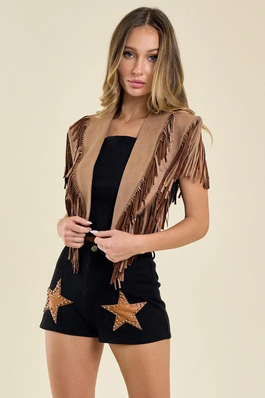 NEW!! The "Bronc" Fringe Suede Shawl in Tan sold by Glitzy Bella