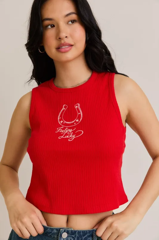 FINAL SALE!! Feeling Lucky Embroidered Tank in Red sold by Glitzy Bella