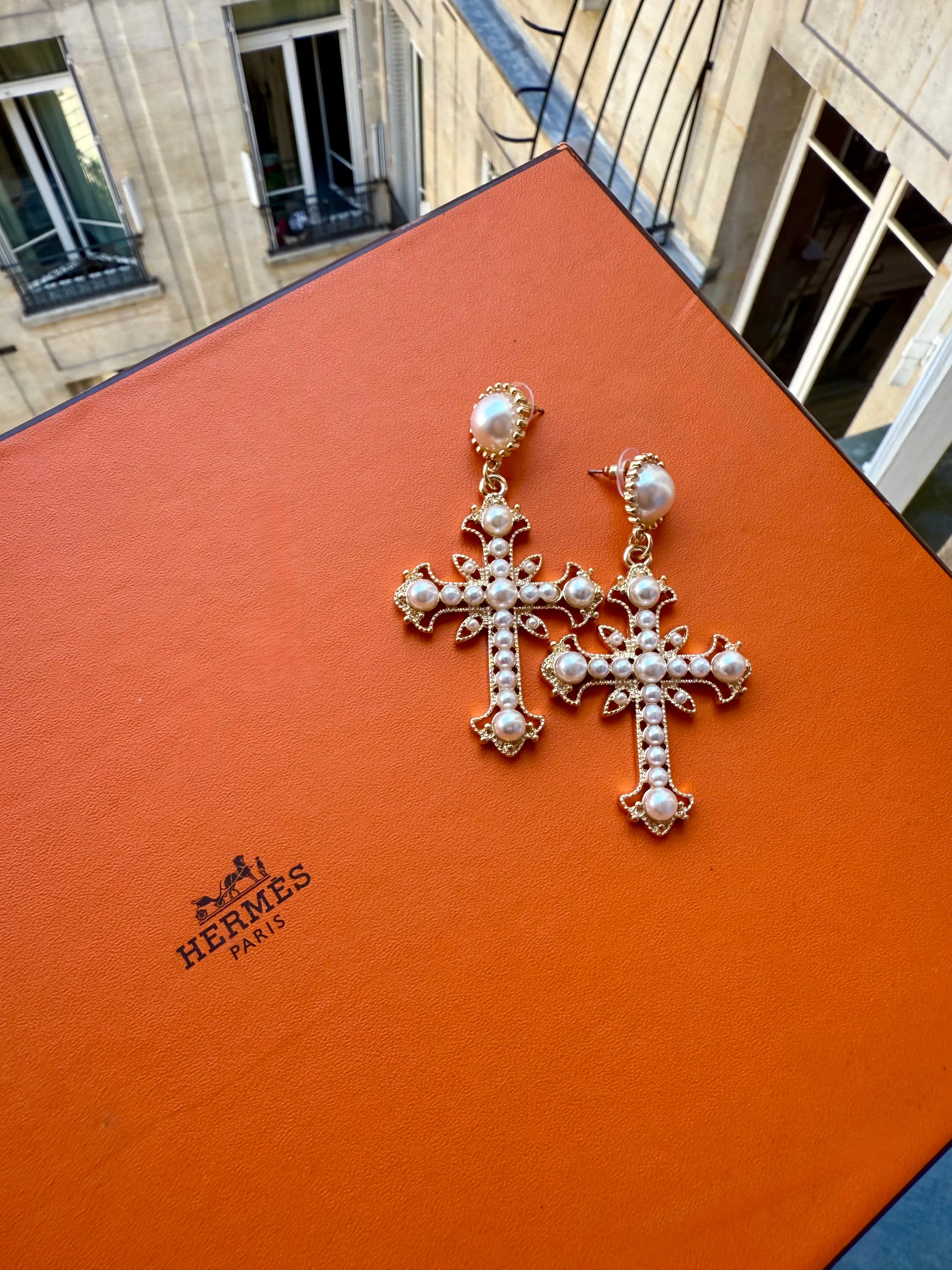 NEW!! Pearl Cross Drop Earrings sold by Glitzy Bella product image thumbnail 2