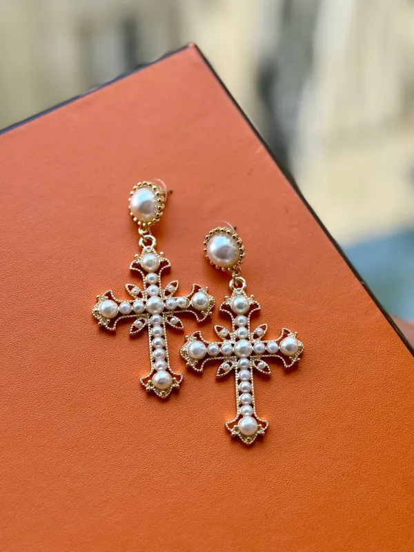 NEW!! Pearl Cross Drop Earrings sold by Glitzy Bella