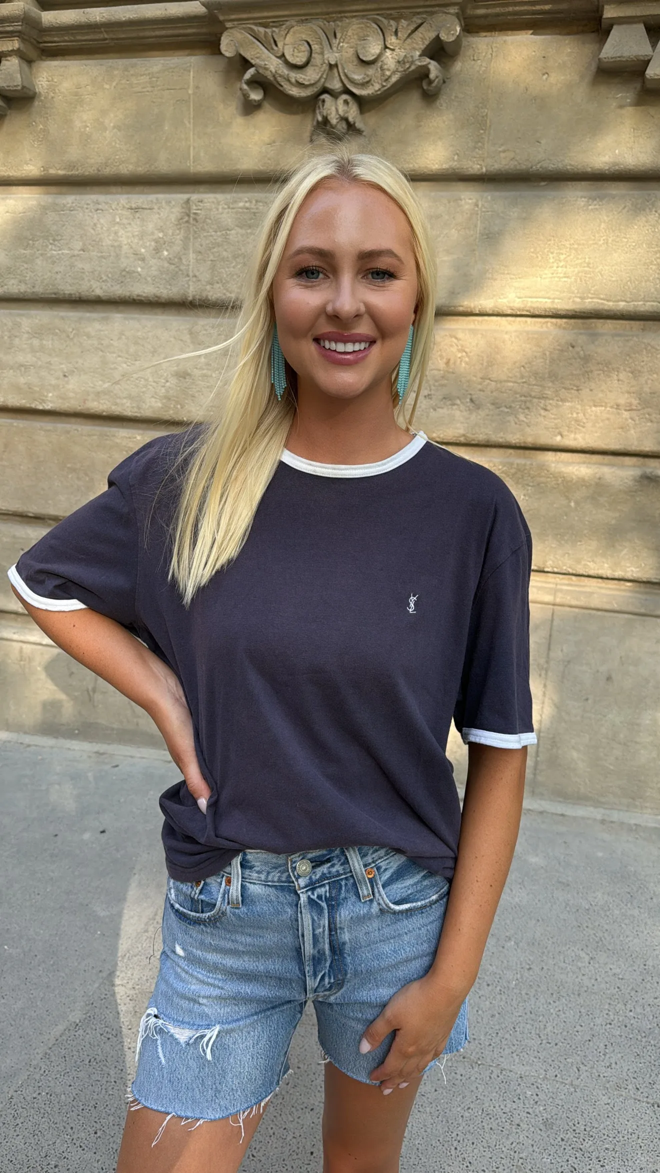 NEW!! Vintage YSL Embroidered Tee in Navy Size M/L sold by Glitzy Bella