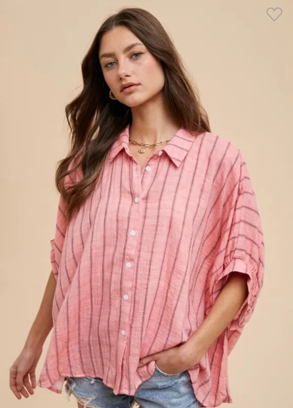 FINAL SALE!! Jordan Striped Button Down Top in Coral sold by Glitzy Bella