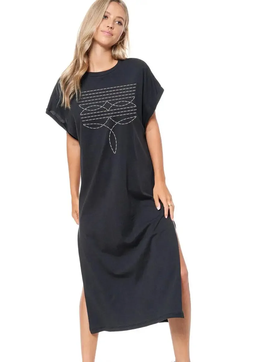 FINAL SALE!! “Western Stitch” Graphic T-Shirt Dress in Washed Black sold by Glitzy Bella