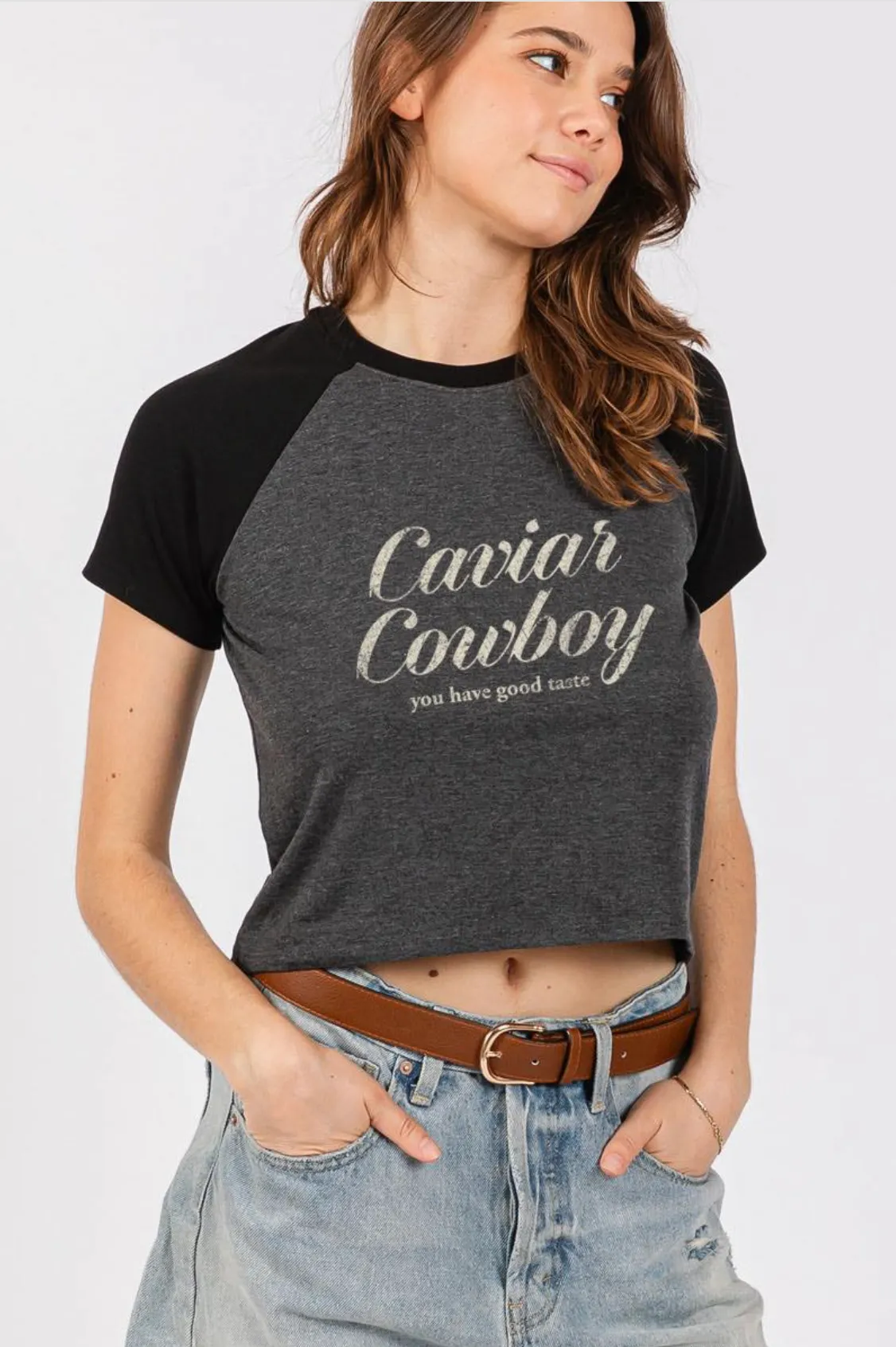 FINAL SALE!! Cowboy Caviar Cropped Contrast Tee sold by Glitzy Bella