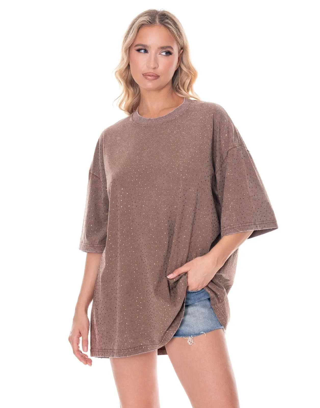 NEW!! "Brooklyn" Acid Wash Rhinestone Tee in Brown sold by Glitzy Bella product image thumbnail 4