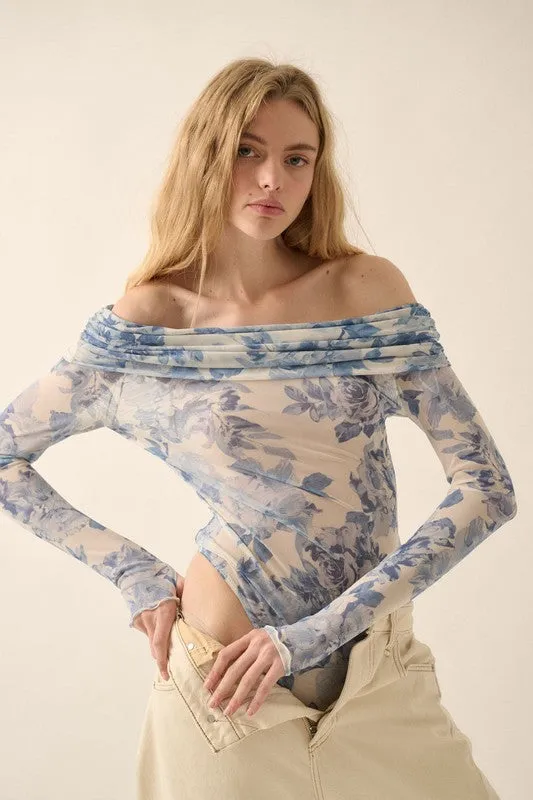 NEW!! Blue Rose Mesh Off the Shoulder Bodysuit sold by Glitzy Bella