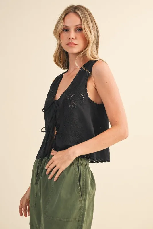 NEW!! Embroidered Front Tie Eyelet Top in Black sold by Glitzy Bella product image thumbnail 5